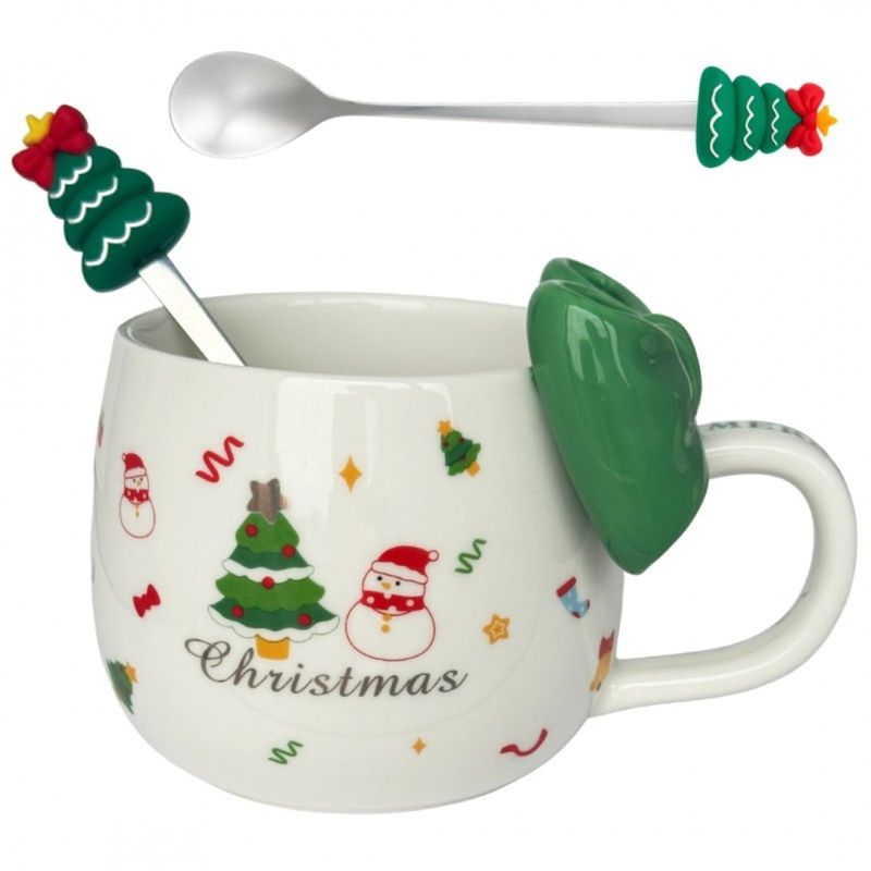 Casa si Gradina - Bucatarie si vesela - Cani si pahare - Cani si cesti - Cana ceramica, de Craciun, cu funda verde si lingurita, 400ml, KB25ZIE, eCarla - Infinity.ro