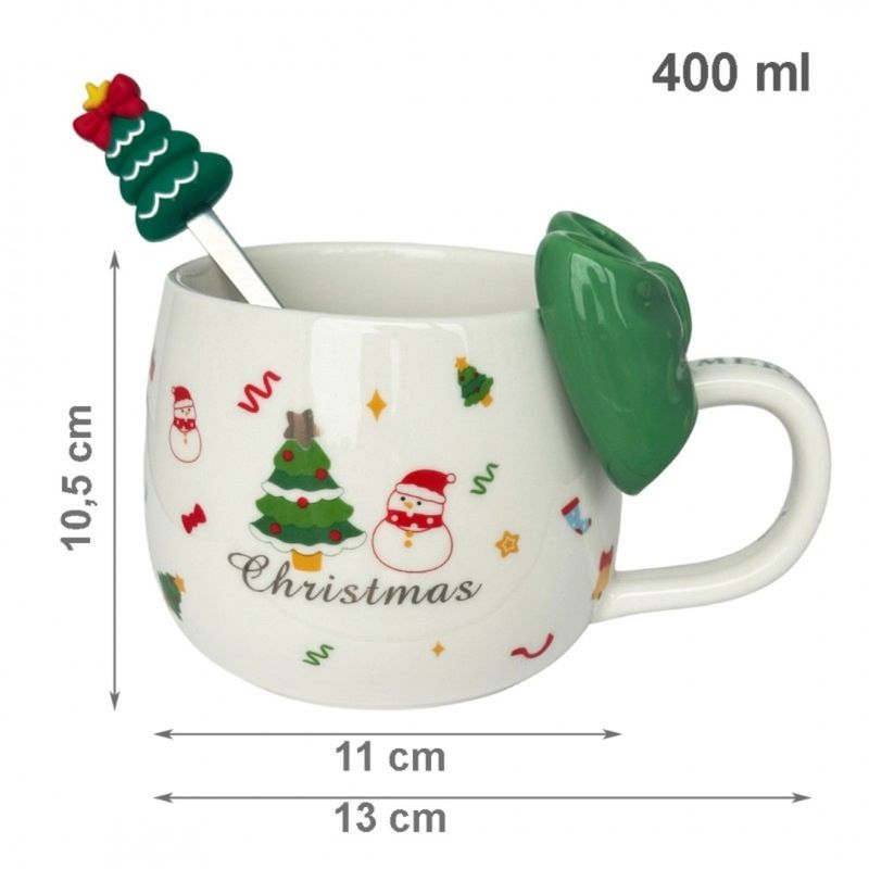 Casa si Gradina - Bucatarie si vesela - Cani si pahare - Cani si cesti - Cana ceramica, de Craciun, cu funda verde si lingurita, 400ml, KB25ZIE, eCarla - Infinity.ro