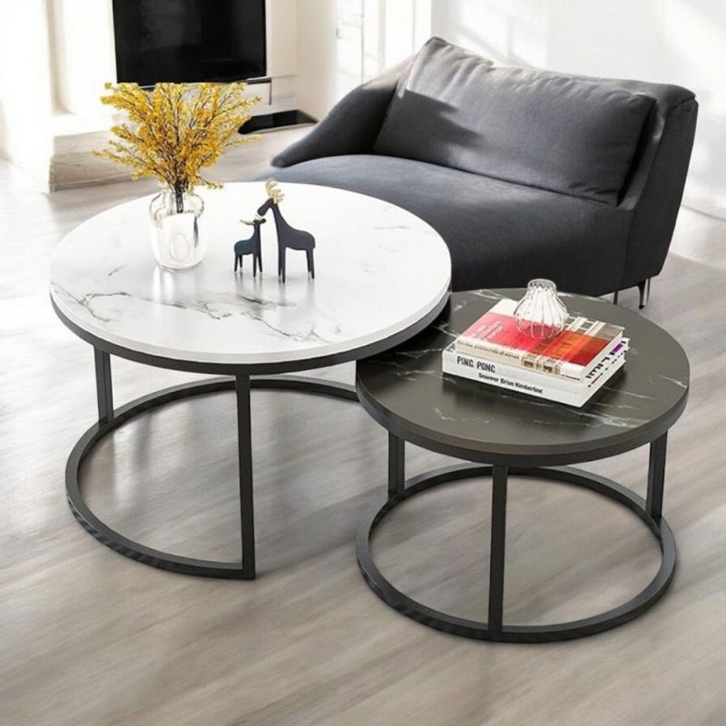 Casa si Gradina - Mobilier - Mese si birouri - Masute de cafea - Set 2 mese, de cafea, rotunde, alb & negru, STL14BCZ, eCarla - Infinity.ro