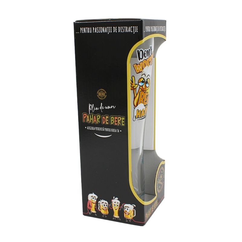 Casa si Gradina - Bucatarie si vesela - Cani si pahare - Pahare - Pahar bere, 500 ml, mesaj funny “Don’t worry, beer happy!" - Infinity.ro