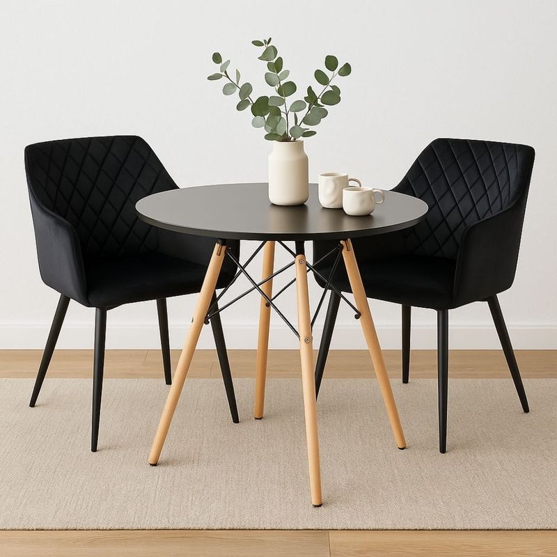 Casa si Gradina - Mobilier - Mese si birouri - Mese bucatarie si dining - Masa rotunda Jumi, model scandinav, 80x80 cm, din MDF negru, cu picioare din lemn masiv - Infinity.ro