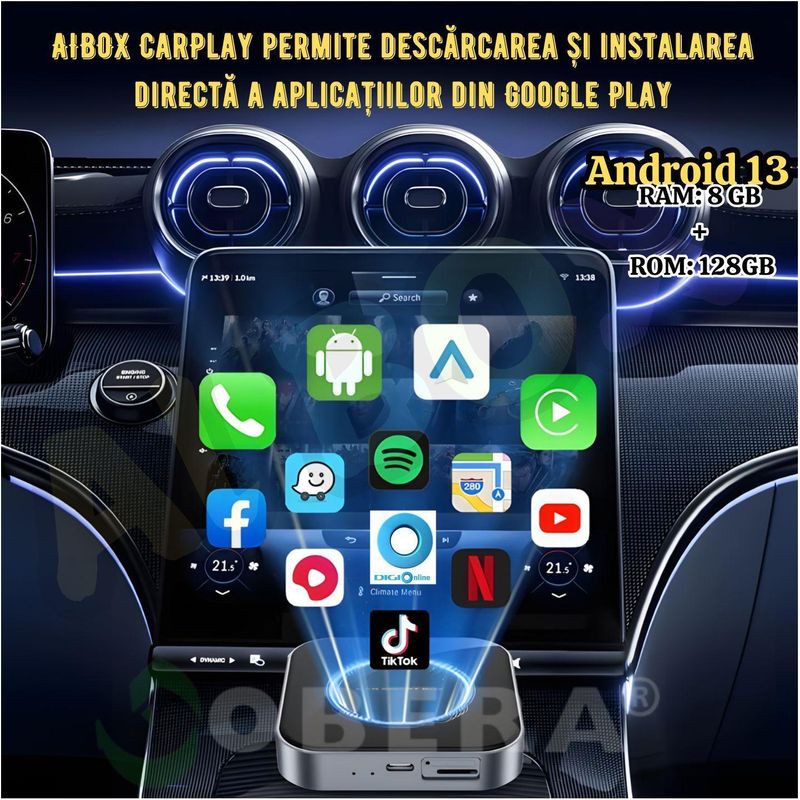 Auto si Moto - Electronice auto - Multimedia auto - Modul auto AI Box goBERA® Android 13, Wireless CarPlay & Android Auto, 8GB+128GB, 4G, GPS, Plug & Play - Infinity.ro