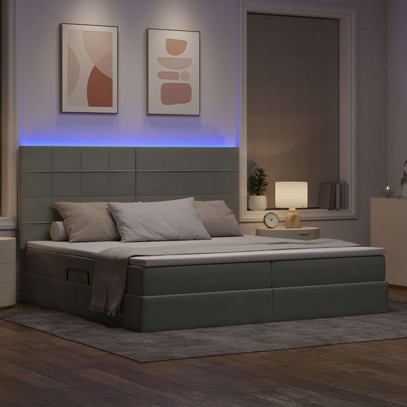 Casa si Gradina - Mobilier - Paturi si accesorii - Paturi - Pat cu lumini cu banda LED Gri deschis 200 x 200 cm Catifea - Infinity.ro
