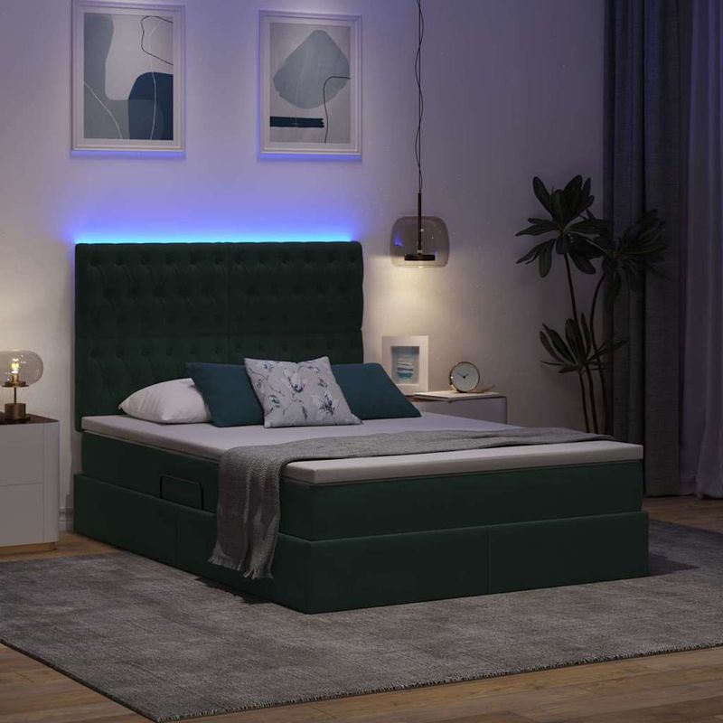 Casa si Gradina - Mobilier - Paturi si accesorii - Paturi - Pat cu lumini cu banda LED Verde inchis 140 x 190 cm Catifea - Infinity.ro