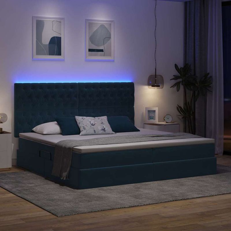 Casa si Gradina - Mobilier - Paturi si accesorii - Paturi - Pat cu lumini cu banda LED Albastru inchis 200 x 200 cm Catifea - Infinity.ro