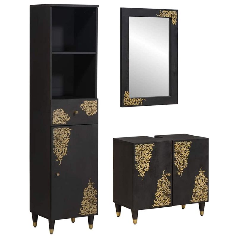 Casa si Gradina - Mobilier - Seturi de mobilier - Seturi baie - Set dulap baie cu sertar cu usa 3 pcs Negru Lemn de mango solid - Infinity.ro