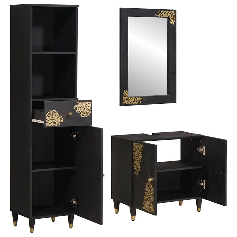 Casa si Gradina - Mobilier - Seturi de mobilier - Seturi baie - Set dulap baie cu sertar cu usa 3 pcs Negru Lemn de mango solid - Infinity.ro