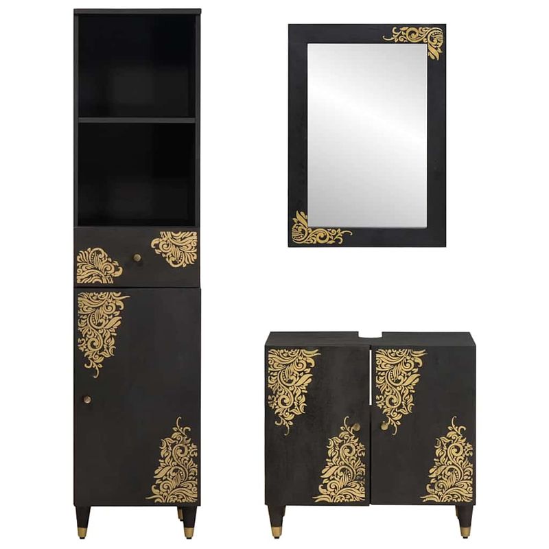 Casa si Gradina - Mobilier - Seturi de mobilier - Seturi baie - Set dulap baie cu sertar cu usa 3 pcs Negru Lemn de mango solid - Infinity.ro