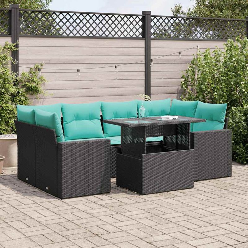 Casa si Gradina - Gradina si terasa - Mobilier exterior - Seturi mobila gradina - Set canapele gradina perne 7 piese negru, poliratan/lemn acacia - Infinity.ro