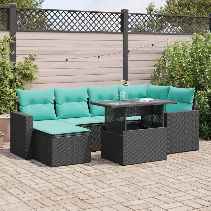 Casa si Gradina - Gradina si terasa - Mobilier exterior - Seturi mobila gradina - Set canapele gradina perne 7 piese negru, poliratan/lemn acacia - Infinity.ro