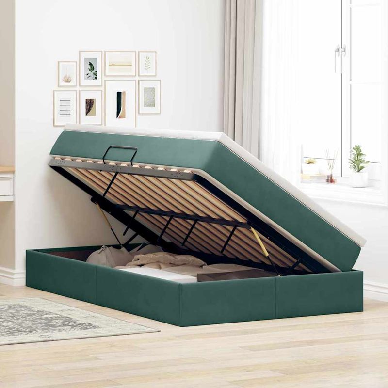 Casa si Gradina - Mobilier - Paturi si accesorii - Paturi - Pat cu saltea si spatiu de depozitare Verde inchis 120 x 200 cm - Infinity.ro