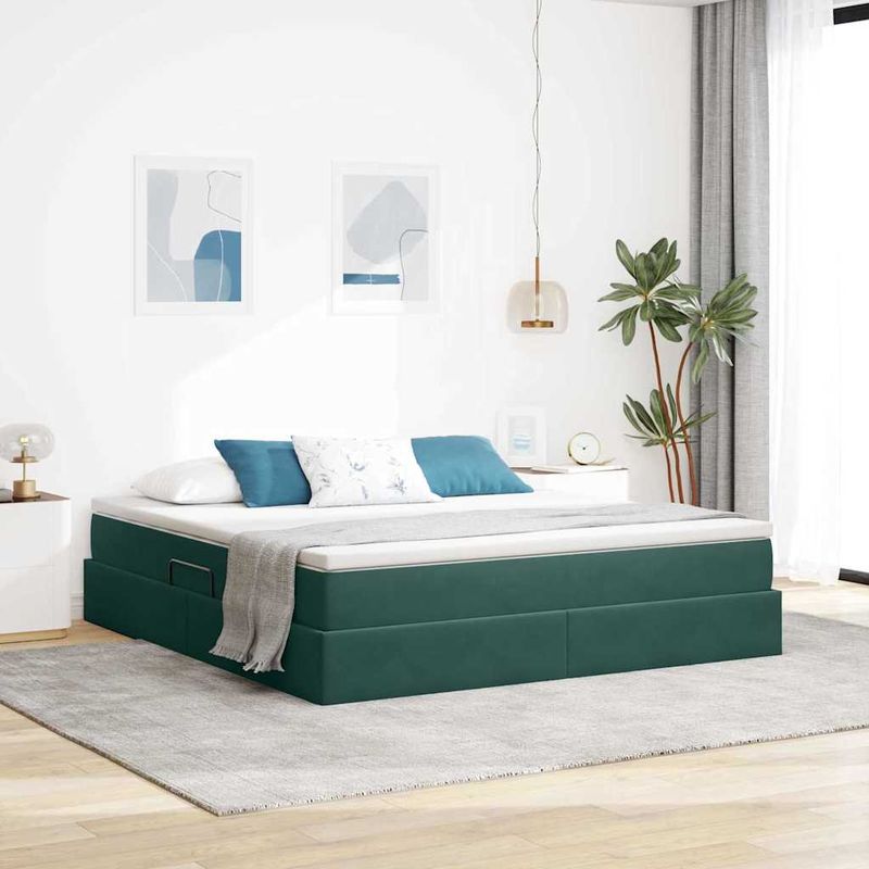Casa si Gradina - Mobilier - Paturi si accesorii - Paturi - Pat cu saltea si spatiu de depozitare Verde inchis 160 x 200 cm - Infinity.ro