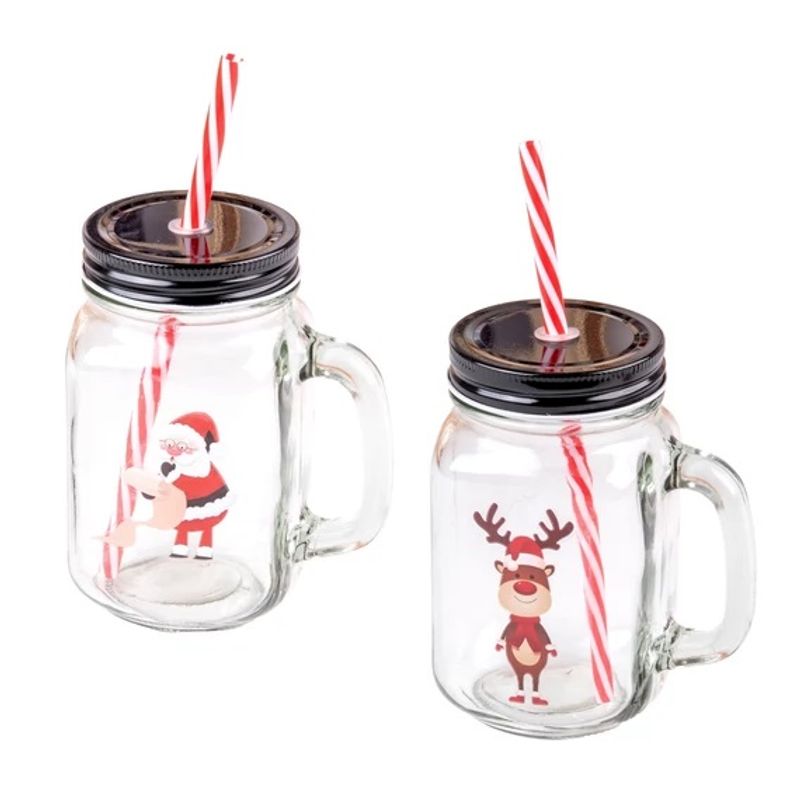 Casa si Gradina - Bucatarie si vesela - Cani si pahare - Cani si cesti - Cana din sticla cu decoratiuni de Craciun, Ren si pai - Infinity.ro
