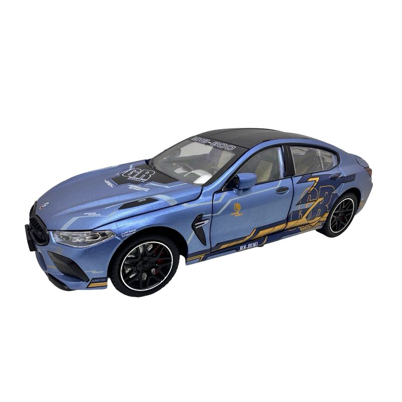 Jucarii, Copii si Bebe - Jucarii si jocuri - Vehicule si jucarii cu telecomanda - Masinute - Macheta BMW M8 Gran Coupe albastru MHB 800 1:32 replica metal lumini si sunete, fum, usi deschise - Infinity.ro