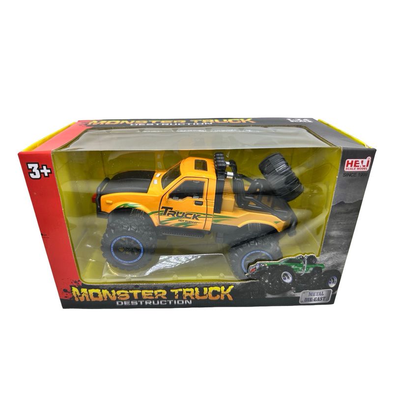 Jucarii, Copii si Bebe - Jucarii si jocuri - Vehicule si jucarii cu telecomanda - Masinute - Masinuta Monster Truck galben metal cu usi si capota deschise, sunete si lumini, suspensii mari, 1:24 - Infinity.ro