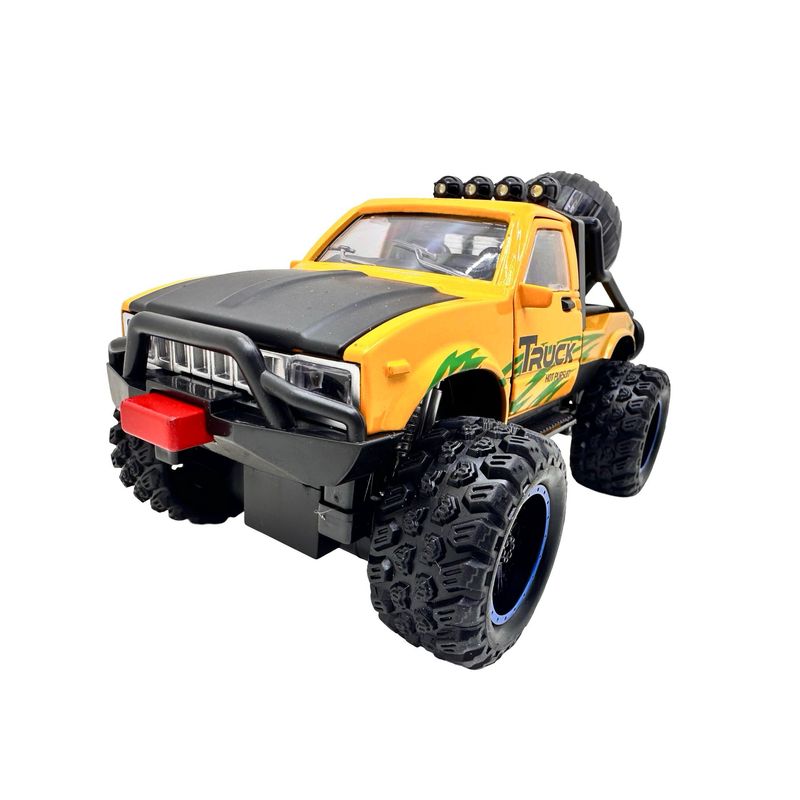 Jucarii, Copii si Bebe - Jucarii si jocuri - Vehicule si jucarii cu telecomanda - Masinute - Masinuta Monster Truck galben metal cu usi si capota deschise, sunete si lumini, suspensii mari, 1:24 - Infinity.ro