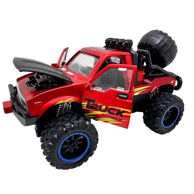 Jucarii, Copii si Bebe - Jucarii si jocuri - Vehicule si jucarii cu telecomanda - Masinute - Masinuta Monster Truck rosu metal cu usi si capota deschise, sunete si lumini, suspensii mari, 1:24 - Infinity.ro