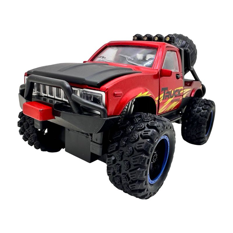 Jucarii, Copii si Bebe - Jucarii si jocuri - Vehicule si jucarii cu telecomanda - Masinute - Masinuta Monster Truck rosu metal cu usi si capota deschise, sunete si lumini, suspensii mari, 1:24 - Infinity.ro
