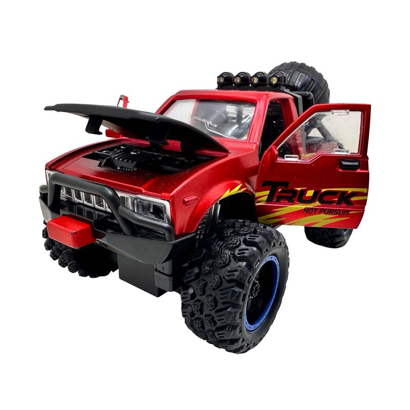 Jucarii, Copii si Bebe - Jucarii si jocuri - Vehicule si jucarii cu telecomanda - Masinute - Masinuta Monster Truck rosu metal cu usi si capota deschise, sunete si lumini, suspensii mari, 1:24 - Infinity.ro