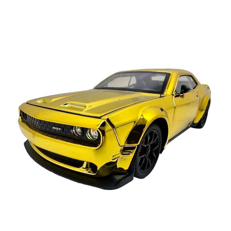Jucarii, Copii si Bebe - Jucarii si jocuri - Vehicule si jucarii cu telecomanda - Masinute - Macheta Dodge Challenger galben cromat SRT 1:24 replica metal lumini si sunete, usi deschise - Infinity.ro