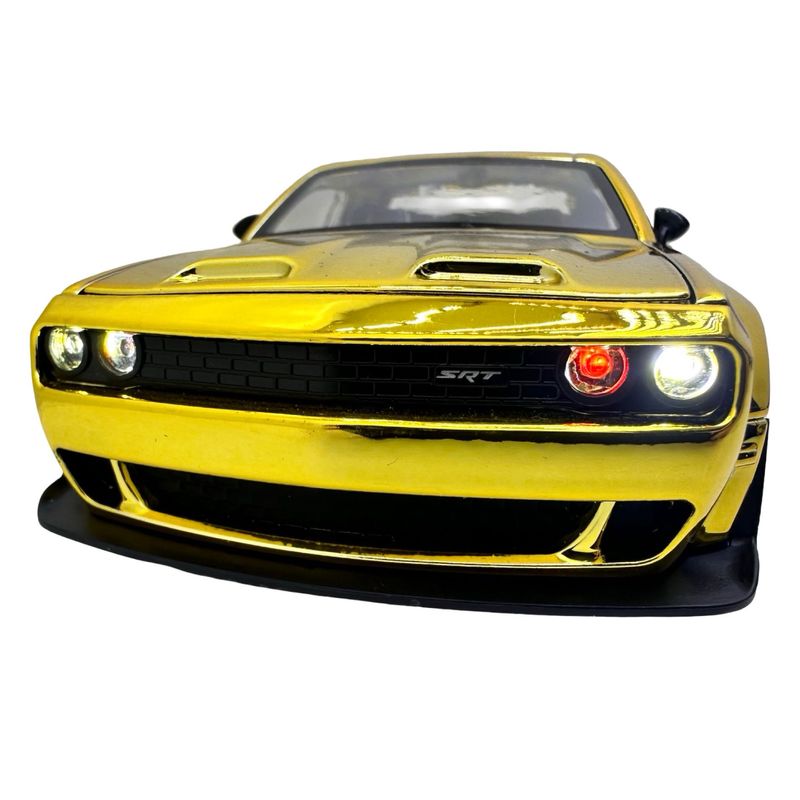 Jucarii, Copii si Bebe - Jucarii si jocuri - Vehicule si jucarii cu telecomanda - Masinute - Macheta Dodge Challenger galben cromat SRT 1:24 replica metal lumini si sunete, usi deschise - Infinity.ro