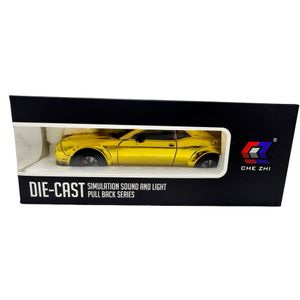 Macheta Dodge Challenger galben cromat SRT 1:24 replica metal lumini si sunete, usi deschise