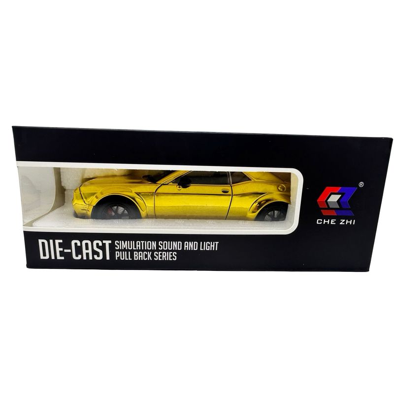 Jucarii, Copii si Bebe - Jucarii si jocuri - Vehicule si jucarii cu telecomanda - Masinute - Macheta Dodge Challenger galben cromat SRT 1:24 replica metal lumini si sunete, usi deschise - Infinity.ro