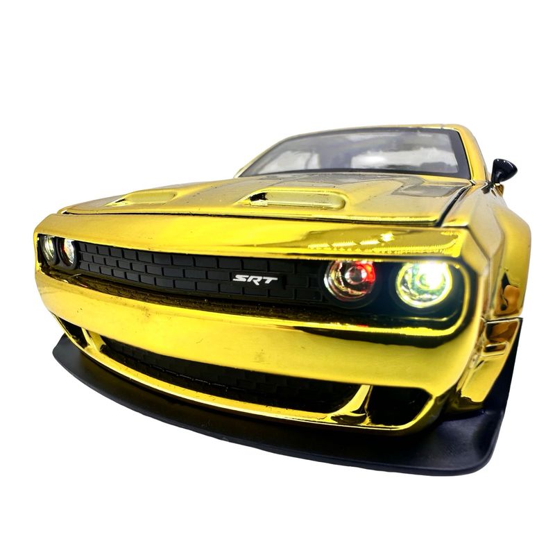 Jucarii, Copii si Bebe - Jucarii si jocuri - Vehicule si jucarii cu telecomanda - Masinute - Macheta Dodge Challenger galben cromat SRT 1:24 replica metal lumini si sunete, usi deschise - Infinity.ro