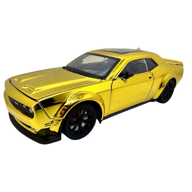 Jucarii, Copii si Bebe - Jucarii si jocuri - Vehicule si jucarii cu telecomanda - Masinute - Macheta Dodge Challenger galben cromat SRT 1:24 replica metal lumini si sunete, usi deschise - Infinity.ro