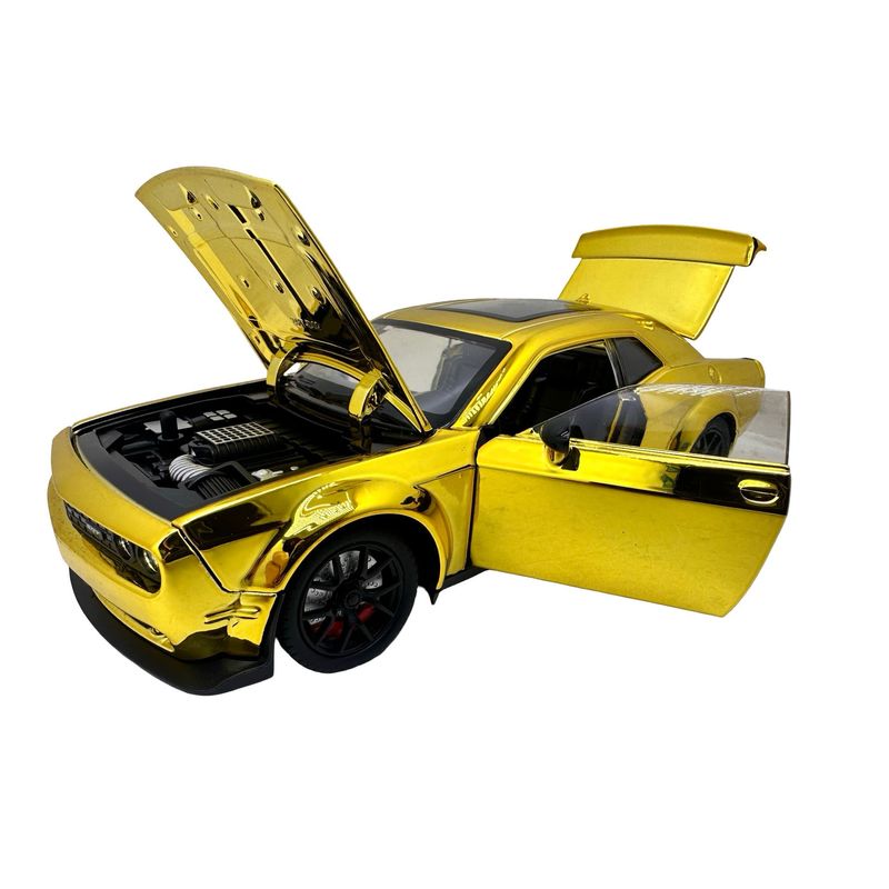 Jucarii, Copii si Bebe - Jucarii si jocuri - Vehicule si jucarii cu telecomanda - Masinute - Macheta Dodge Challenger galben cromat SRT 1:24 replica metal lumini si sunete, usi deschise - Infinity.ro