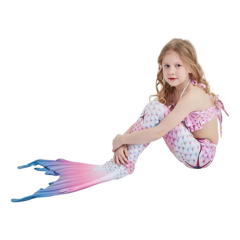Fashion, accesorii si bijuterii - Copii - Lenjerie si pijamale copii - Costume de baie copii - Set 4 piese costum de baie Sirena Ariel, Roz/Alb, Include coada, inotatoare, top si slip - THK® - 110 cm - 3-4 ani - Infinity.ro