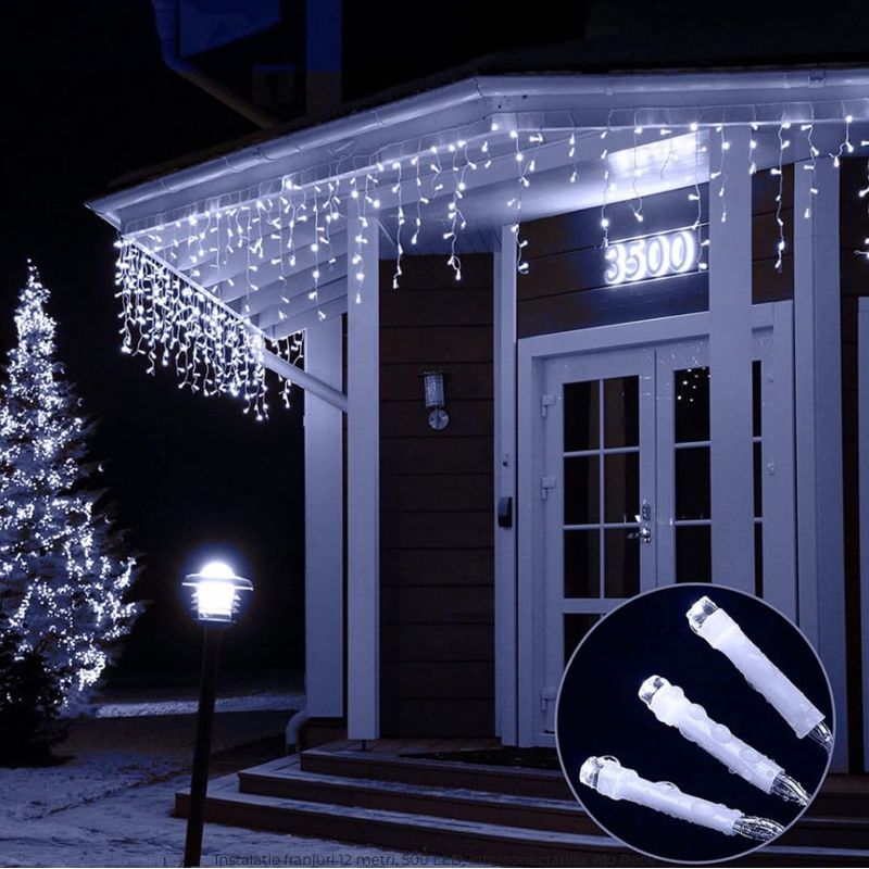 Casa si Gradina - Corpuri si surse de iluminat - Iluminat exterior - Instalatii luminoase exterior - Instalatie 20 metri ALB RECE 500 LED tip turturi franjuri - Infinity.ro