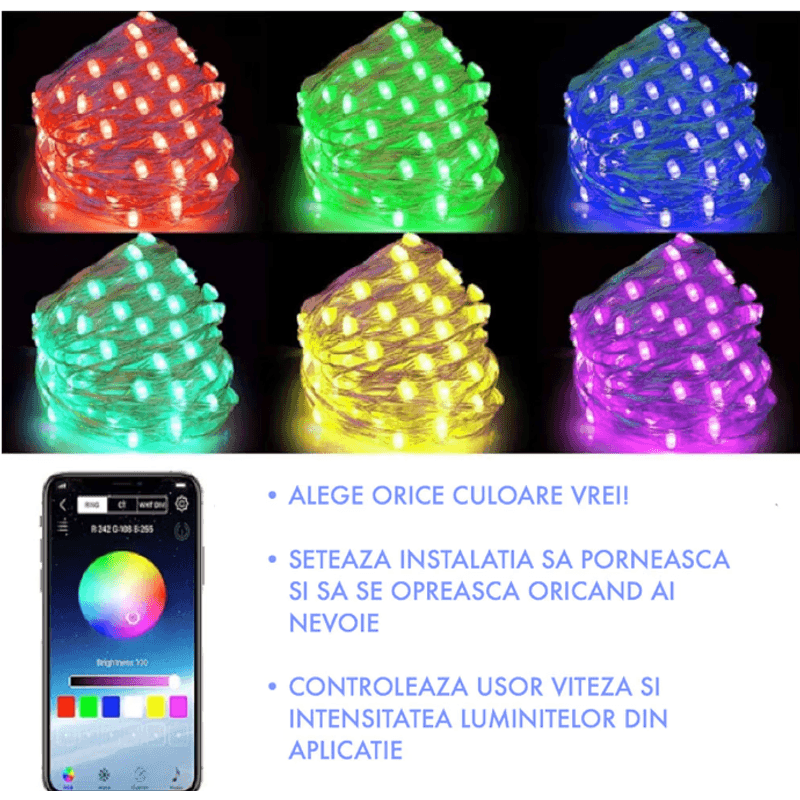 Casa si Gradina - Corpuri si surse de iluminat - Iluminat exterior - Instalatii luminoase exterior - Instalatie decorativa RGB Cu Control Bluetooth Prin Aplicatie 5 metri Luminozitate Reglabila USB Multicolor - Infinity.ro