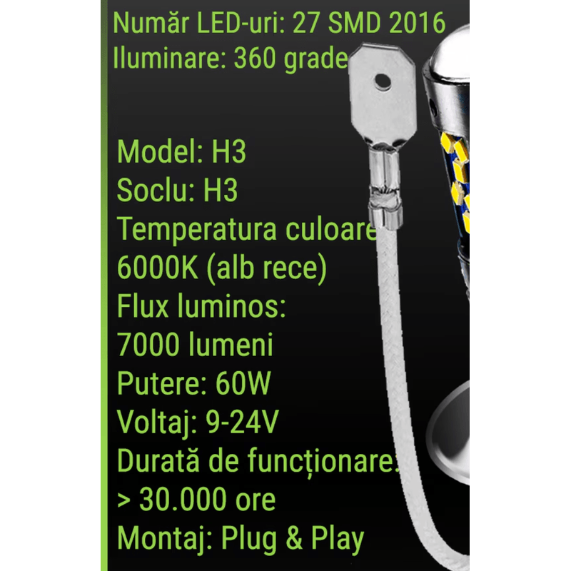 Auto si Moto - Electrice auto - Iluminare si semnalizare - Becuri auto - Set 2 becuri auto LED H3 cu lupa 60W 27 SMD 12V 6000K - Infinity.ro