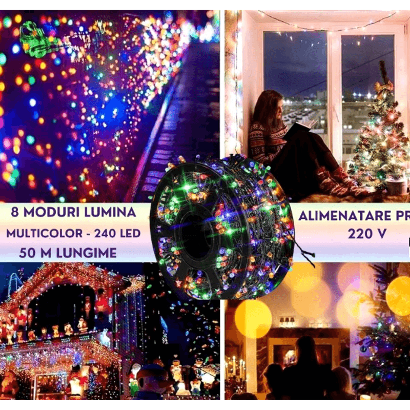 Casa si Gradina - Corpuri si surse de iluminat - Iluminat exterior - Instalatii luminoase exterior - Instalatie multicolora 50m tip rola cu 240 LED 8 efecte de iluminare - Infinity.ro