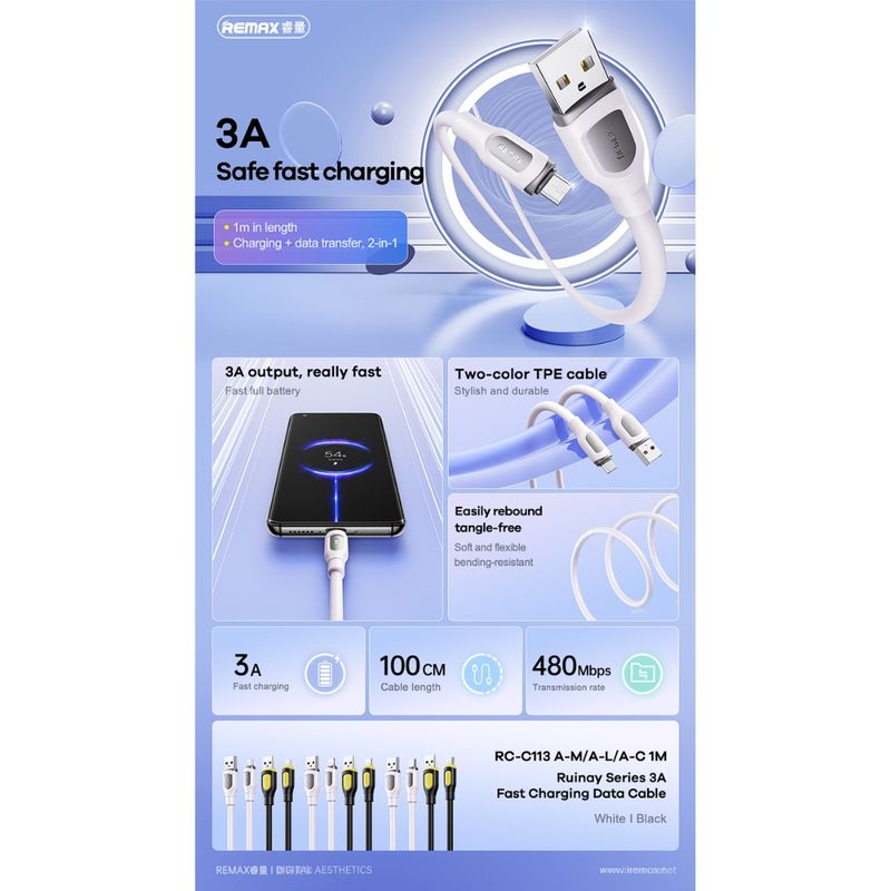 Laptop, Telefoane si Tablete - Telefoane mobile si accesorii - Accesorii Telefoane - Cabluri si adaptoare telefoane - Cablu de date cu incarcare rapida REMAX RC-C113, 3A, USB-A la USB-C, 1 metru, alb - Infinity.ro