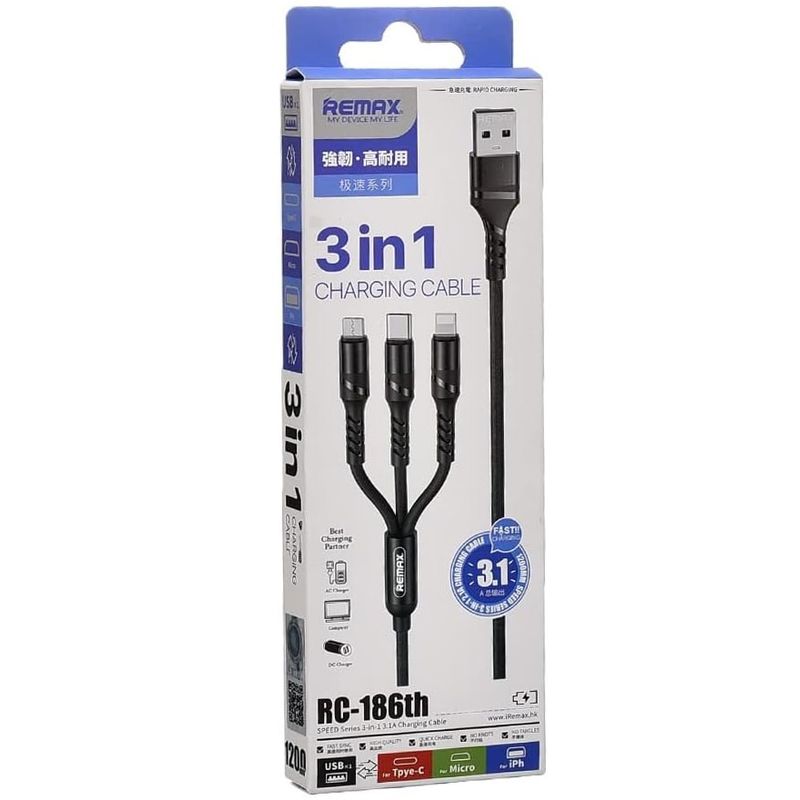 Laptop, Telefoane si Tablete - Telefoane mobile si accesorii - Accesorii Telefoane - Cabluri si adaptoare telefoane - Cablu de date cu incarcare 3 in 1 REMAX RC-186TH, USB - Lightning/ Tip C/ Micro USB 3, 1 A, 1.2 m, negru - Infinity.ro