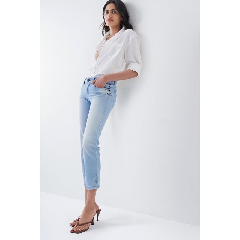 Fashion, accesorii si bijuterii - Femei - Imbracaminte femei - Pantaloni femei - Blugi crop Salsa Jeans cu croiala dreapta si talie medie W31-L28 US Albastru deschis - Infinity.ro