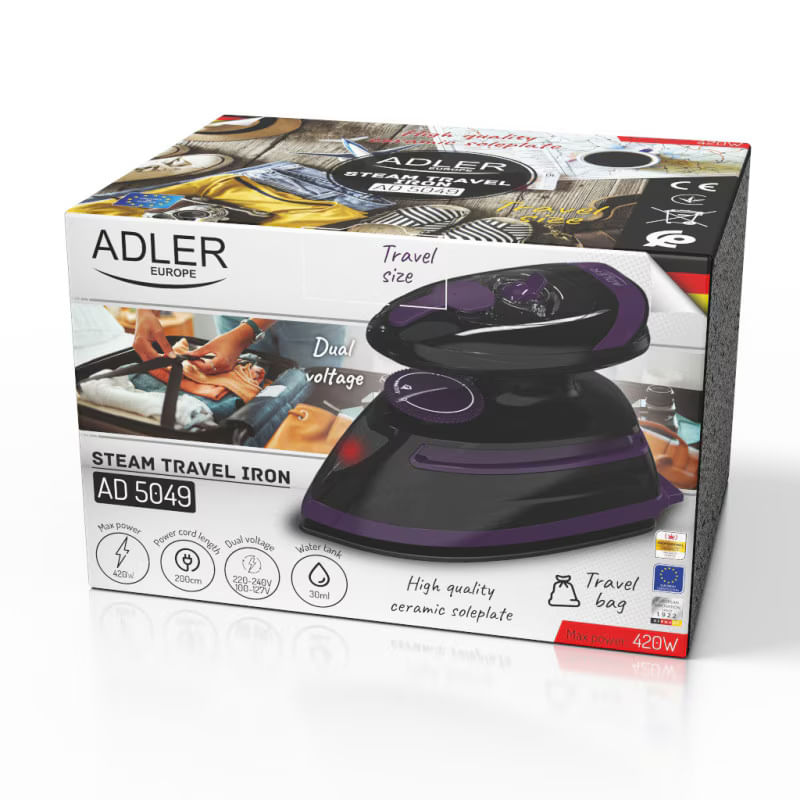 Electronice si Electrocasnice - Ingrijirea tesaturilor - Fiare de calcat - Fier de ca lcat cu abur de calatorie Adler AD 5049, 420 W, 30 ml, Placa ceramica, Abur/uscat, Negru/Violet - Infinity.ro