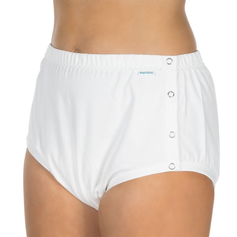 Ingrijire personala si Cosmetice - Ingrijire personala - Igiena intima - Scutece adulti si chiloti incontinenta - Chilot incontinenta nivel 4/5, Suprima, Unisex, 100% Bumbac, Captuseala poliester, Alb, capse laterale, Mar 36/38 - Infinity.ro