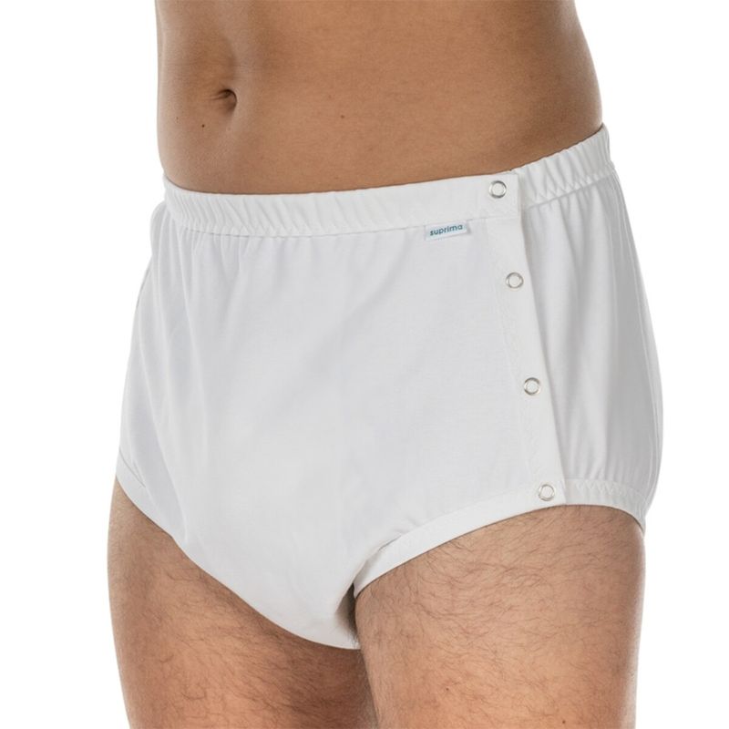 Ingrijire personala si Cosmetice - Ingrijire personala - Igiena intima - Scutece adulti si chiloti incontinenta - Chilot incontinenta nivel 4/5, Suprima, Unisex, 100% Bumbac, Captuseala poliester, Alb, capse laterale, Mar 36/38 - Infinity.ro