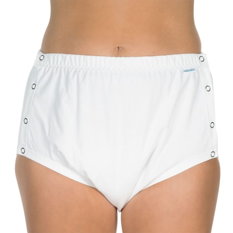 Ingrijire personala si Cosmetice - Ingrijire personala - Igiena intima - Scutece adulti si chiloti incontinenta - Chilot incontinenta nivel 4/5, Suprima, Unisex, 100% Bumbac, Captuseala poliester, Alb, capse laterale, Mar 36/38 - Infinity.ro