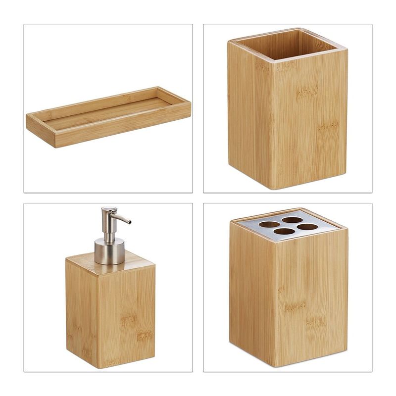 Casa si Gradina - Sanitare - Suporturi si accesorii baie - Dispensere - Set accesorii baie cu tavita, 3 piese- include dozator sapun, Bambus, Natur, 18 x 25 x 9,5 cm - Infinity.ro