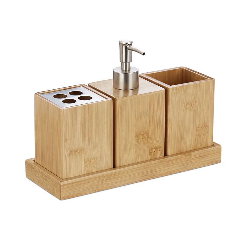 Casa si Gradina - Sanitare - Suporturi si accesorii baie - Dispensere - Set accesorii baie cu tavita, 3 piese- include dozator sapun, Bambus, Natur, 18 x 25 x 9,5 cm - Infinity.ro