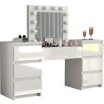 Casa si Gradina - Mobilier - Comode si corpuri - Masute de toaleta - Masa de toaleta/machiaj, alba, sertare lucioase, cu oglinda si LED-uri, Antonia, 155x42x135 cm - Infinity.ro