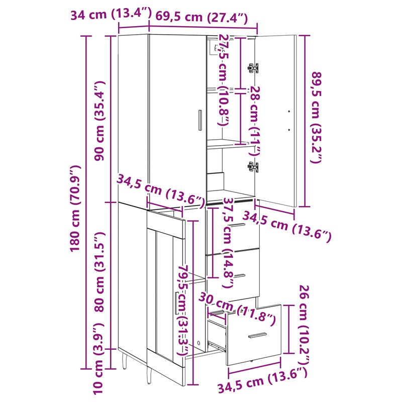 Casa si Gradina - Mobilier - Comode si corpuri - Comode - Bufet Lemn Vechi 69,5 x 34 x 180 cm Lemn Stratificat si Sticla - Infinity.ro