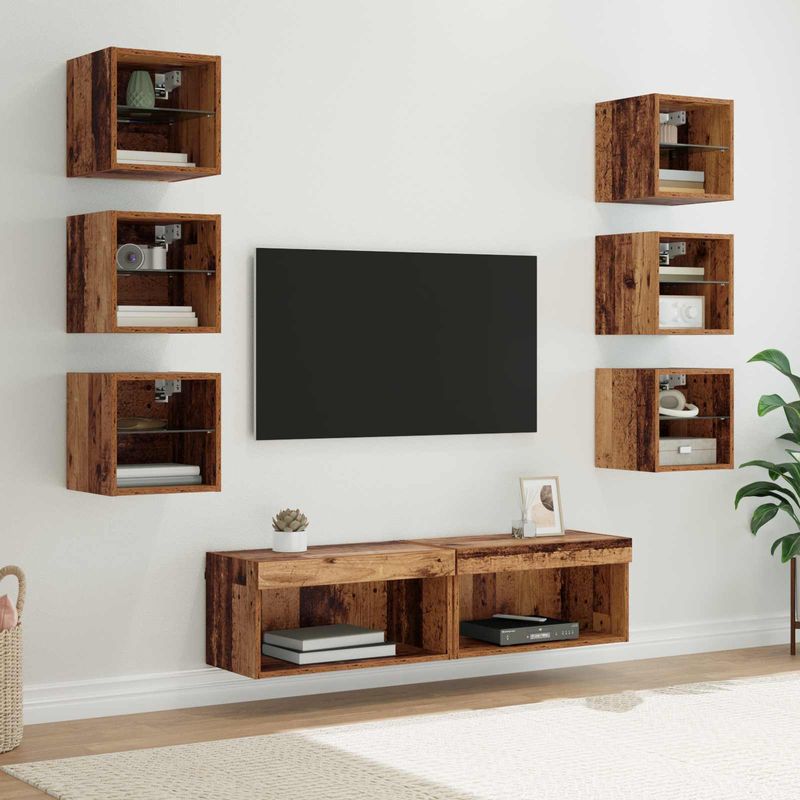 Casa si Gradina - Mobilier - Comode si corpuri - Comode - Cabinet TV cu lumini cu banda LED 8 pcs Lemn Vechi Sticla - Infinity.ro