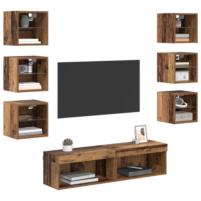 Casa si Gradina - Mobilier - Comode si corpuri - Comode - Cabinet TV cu lumini cu banda LED 8 pcs Lemn Vechi Sticla - Infinity.ro