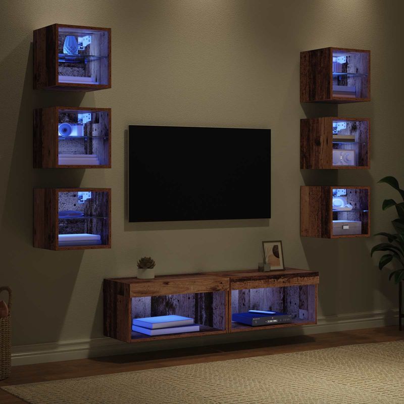 Casa si Gradina - Mobilier - Comode si corpuri - Comode - Cabinet TV cu lumini cu banda LED 8 pcs Lemn Vechi Sticla - Infinity.ro