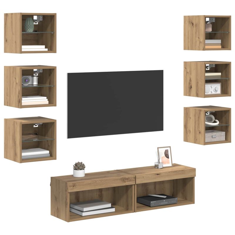 Casa si Gradina - Mobilier - Comode si corpuri - Comode - Cabinet TV cu lumini cu banda LED 8 pcs Stejar Artizanal Sticla - Infinity.ro